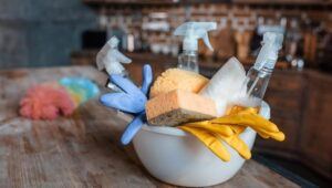 Cleaning Supplies In A White Bowl On A Dusty Wooden Table. In The Background, A Blurred Rustic Kitchen Is Visible.