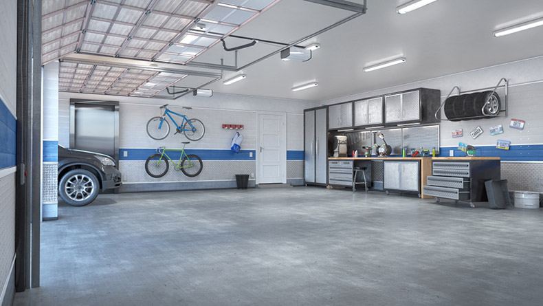 Interior Of A Large Steel Garage With Bikes On The Wall And A Car Driving In